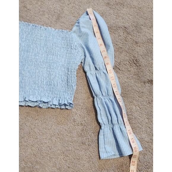 Storia Women's Blue Striped Stretch Crop Top w/Puff & Stretch Sleeves Size S - Picture 8 of 8
